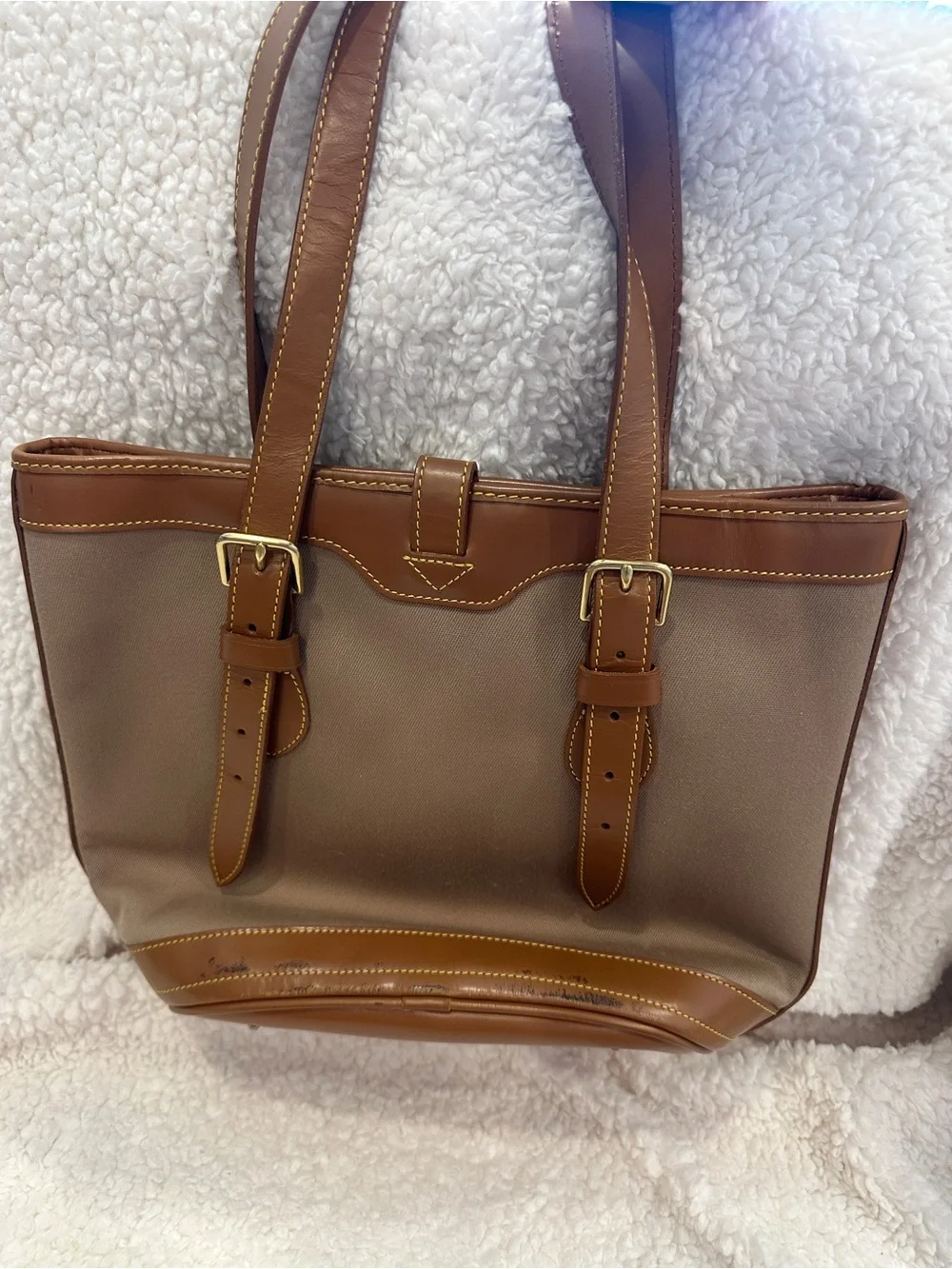 Classic Brown Canvas Tote Bag with Leather Trim